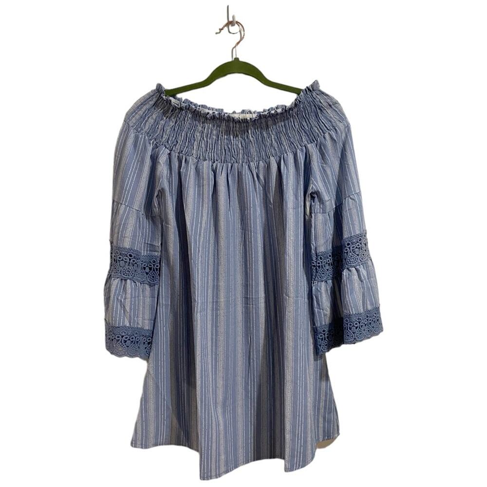 Kiwi & Punch Blue Miami Off Shoulder Tunic Blouse Sz M NWT
